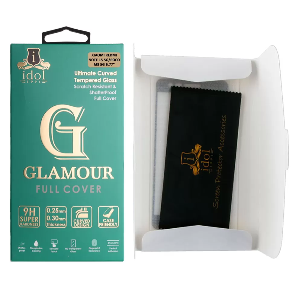 IDOL 1991 GLAMOUR TEMPERED GLASS XIAOMI REDMI NOTE 15 5G/POCO M8 5G 6.77in 9H 0.30mm FULL COVER 3D EDGE GLUE FINGER UNLOCK BLACK - Image 3