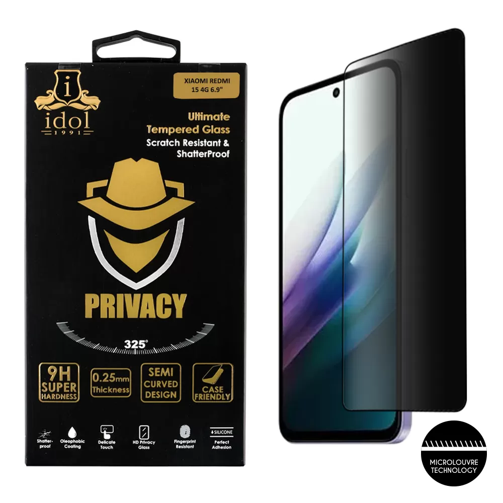 IDOL 1991 PRIVACY ANTISPY TEMPERED GLASS XIAOMI REDMI 15 4G 6.9in 9H 0.25mm SEMI CURVED FULL GLUE BLACK