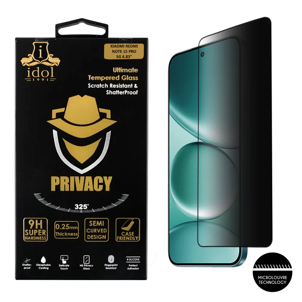 IDOL 1991 PRIVACY ANTISPY TEMPERED GLASS XIAOMI REDMI NOTE 15 PRO 5G 6.83in 9H 0.25mm SEMI CURVED FULL GLUE BLACK
