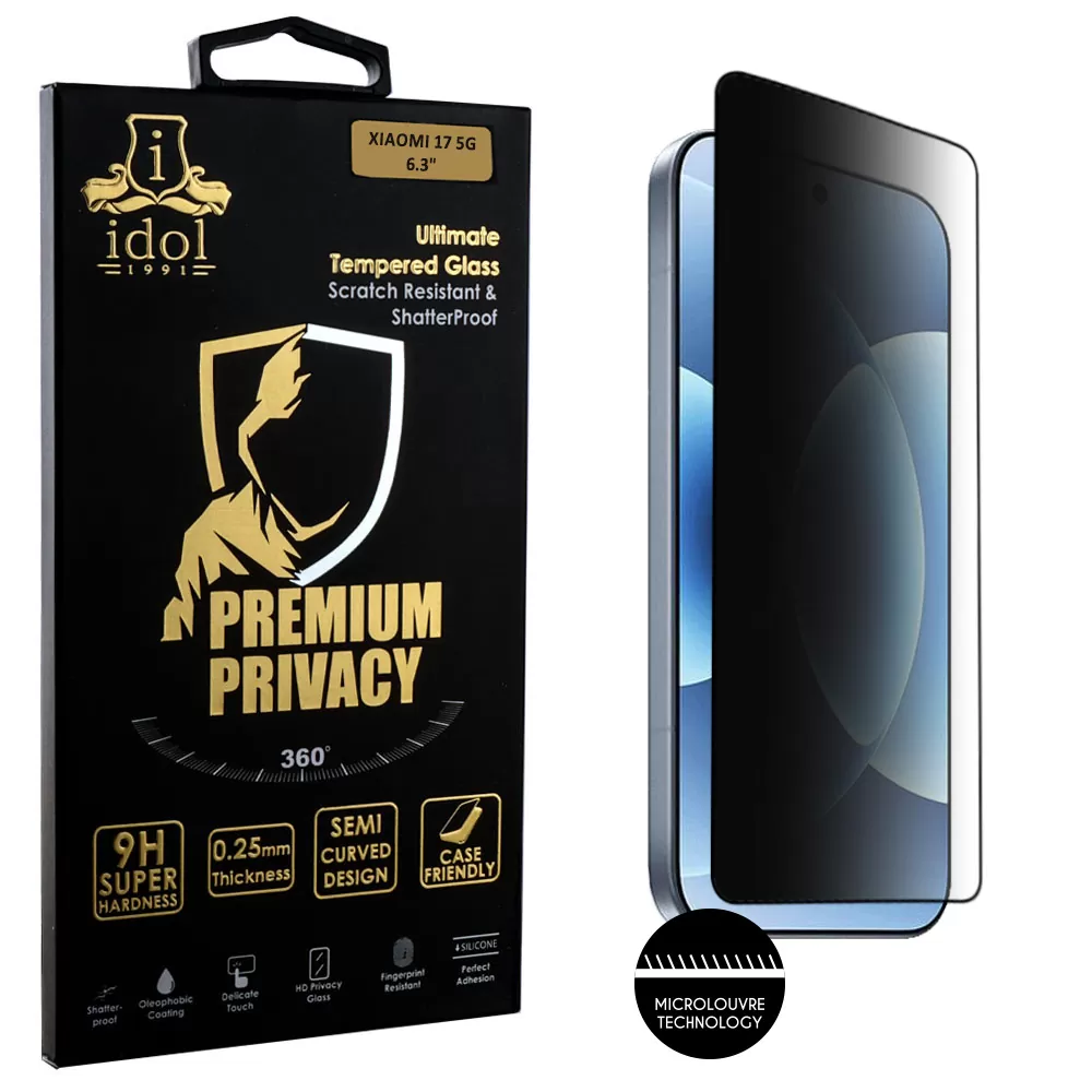 IDOL 1991 PREMIUM PRIVACY ANTISPY TEMPERED GLASS XIAOMI 17 5G 6.3in 9H 0.25mm SEMI CURVED FULL GLUE BLACK