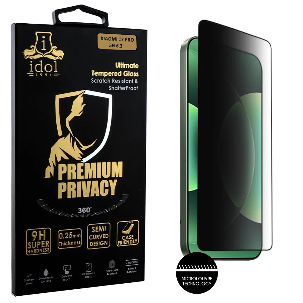 IDOL 1991 PREMIUM PRIVACY ANTISPY TEMPERED GLASS XIAOMI 17 PRO 5G 6.3in 9H 0.25mm SEMI CURVED FULL GLUE BLACK