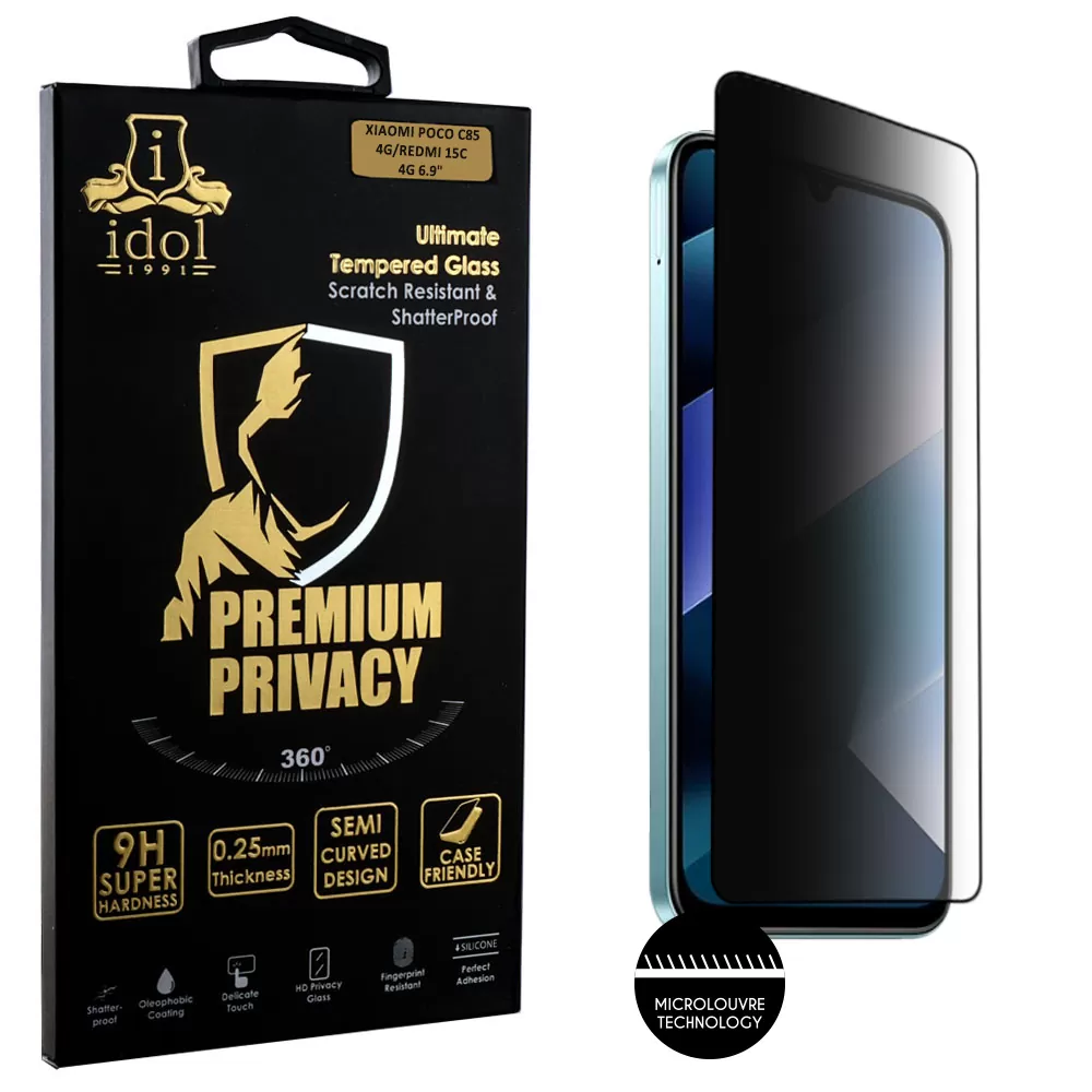 IDOL 1991 PREMIUM PRIVACY ANTISPY TEMPERED GLASS XIAOMI POCO C85 4G/REDMI 15C 4G 6.9in 9H 0.25mm SEMI CURVED FULL GLUE BLACK