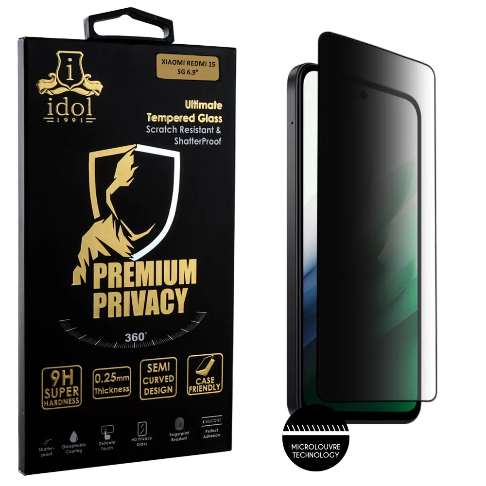 IDOL 1991 PREMIUM PRIVACY ANTISPY TEMPERED GLASS XIAOMI REDMI 15 5G 6.9in 9H 0.25mm SEMI CURVED FULL GLUE BLACK