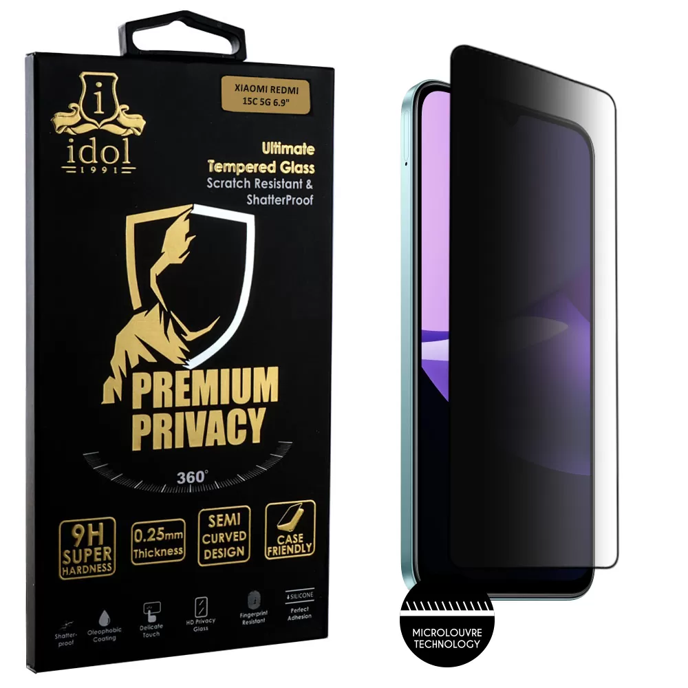 IDOL 1991 PREMIUM PRIVACY ANTISPY TEMPERED GLASS XIAOMI REDMI 15C 5G/POCO C85 5G 6.9in 9H 0.25mm SEMI CURVED FULL GLUE BLACK