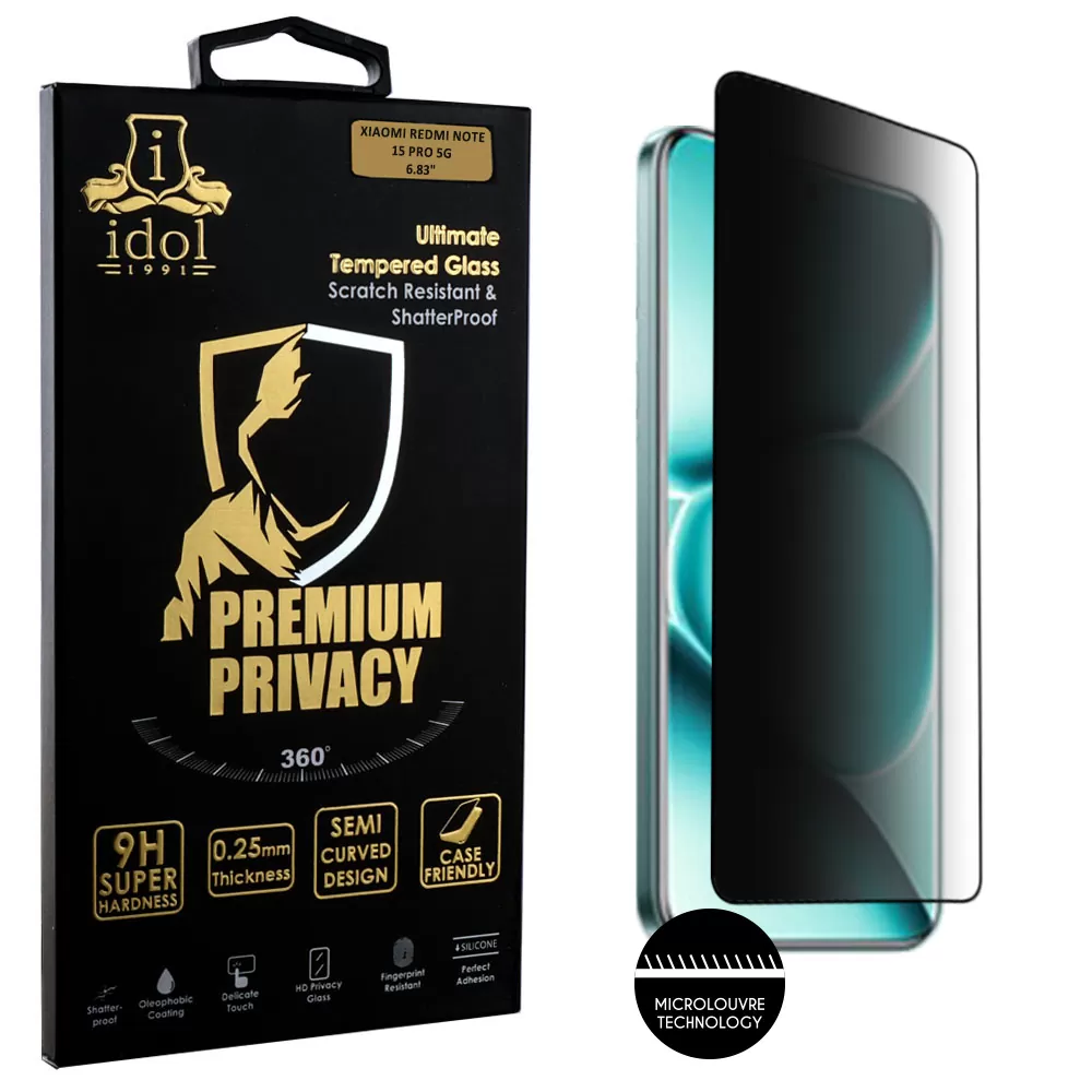 IDOL 1991 PREMIUM PRIVACY ANTISPY TEMPERED GLASS XIAOMI REDMI NOTE 15 PRO 5G 6.83in 9H 0.25mm SEMI CURVED FULL GLUE BLACK