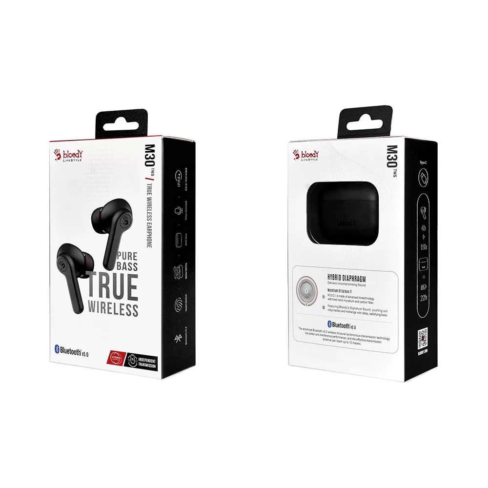 BLOODY BLUETOOTH STEREO M30 TWS HEADSET V5.0 IPX4 ΑΔΙΑΒΡΟΧΑ ΜΕ ΘΗΚΗ ΦΟΡΤΙΣΗΣ - ΜΕΤΑΦΟΡΑΣ BLACK GR - Image 2