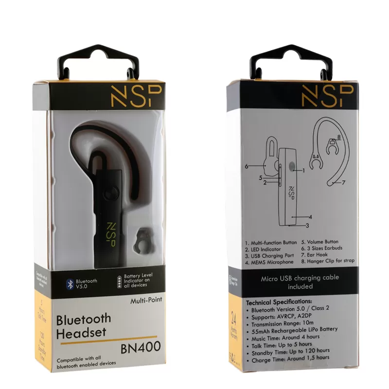 NSP BLUETOOTH HEADSET BN400 V5.0 IN EAR (2 ΣΥΣΚΕΥΩΝ) + HANGER CLIP FOR STRAP BLACK - Image 10