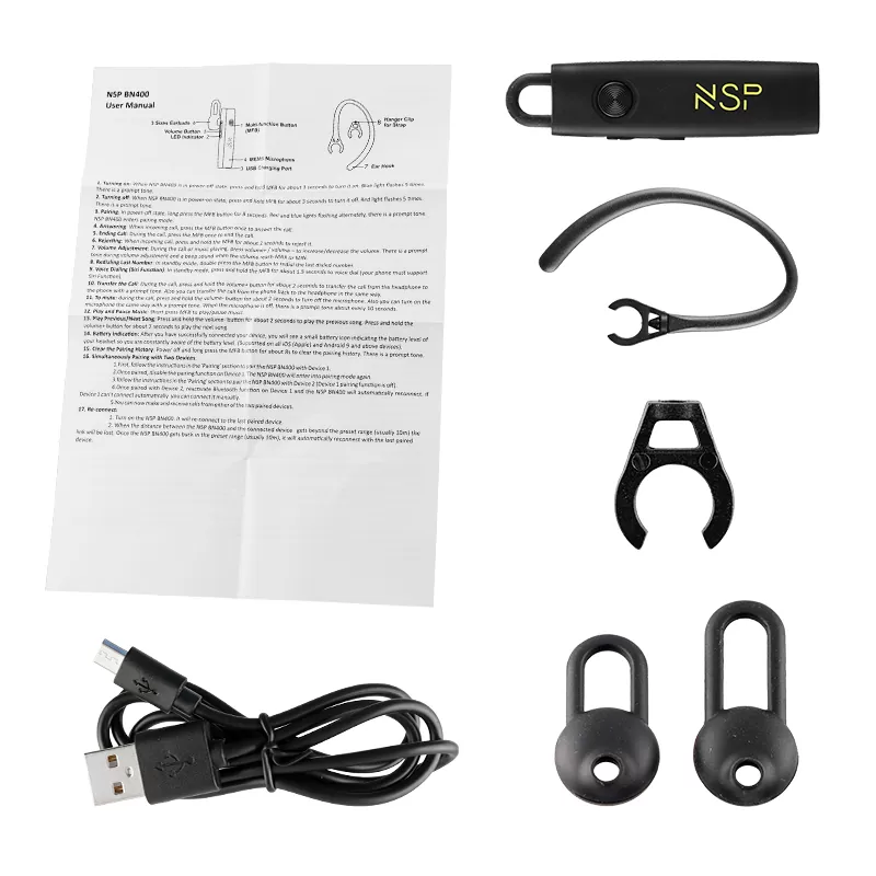 NSP BLUETOOTH HEADSET BN400 V5.0 IN EAR (2 ΣΥΣΚΕΥΩΝ) + HANGER CLIP FOR STRAP BLACK - Image 2