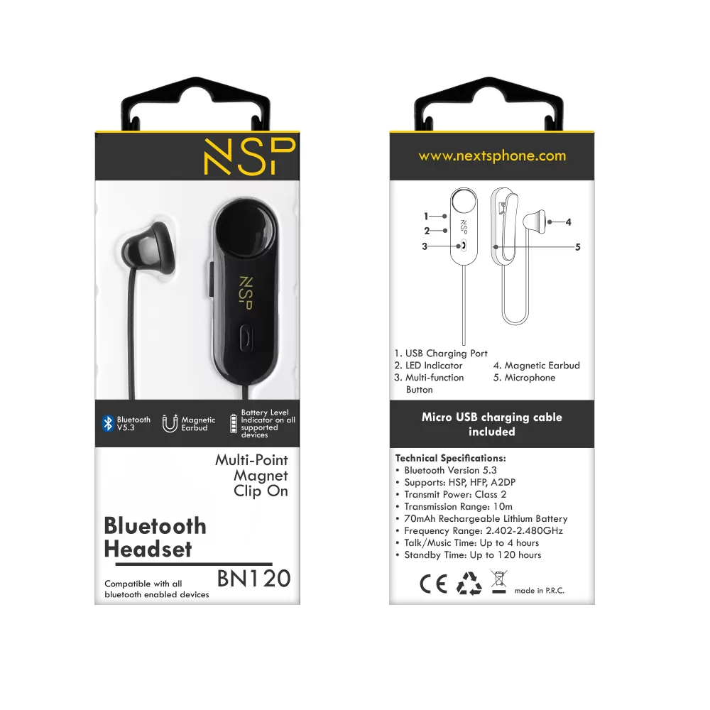 NSP BLUETOOTH BN120 MAGNET CLIP ON HEADSET V5.3 (2 ΣΥΣΚΕΥΩΝ) BLACK - Image 2