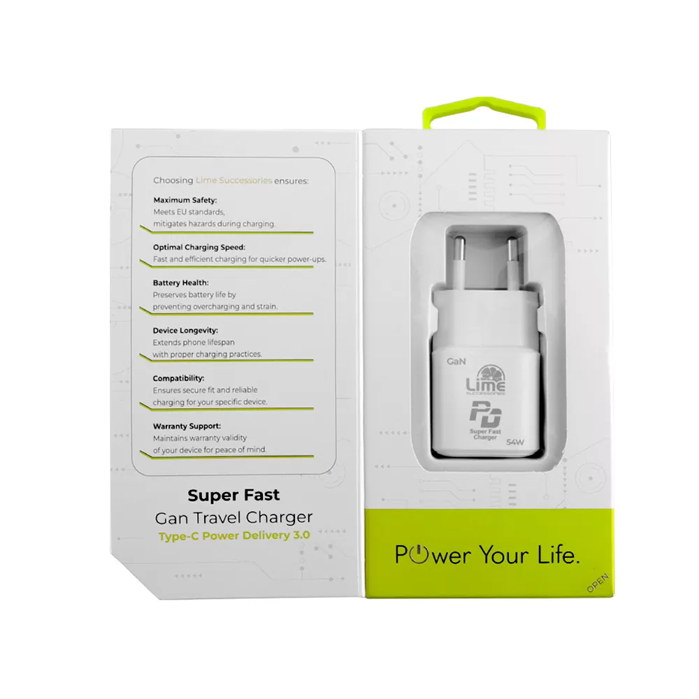 LIME TYPE C GAN PD 3.0 SUPER FAST TRAVEL LTC54W 5V 4.0A/9V 4.0A/ 12V 3.5A/ 15V 3.33A/ 20V 2.7A 54W WHITE - Image 4