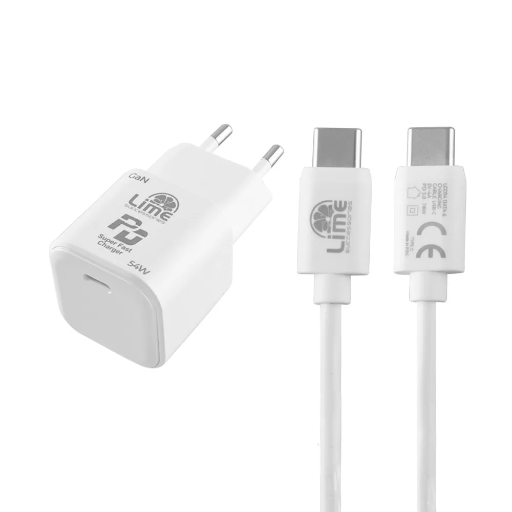 LIME TYPE C GAN PD 3.0 SUPER FAST TRAVEL LTC54W5V-9V 4.0A/12V 3.5A/20V 2.7A 54W +ΦΟΡΤΙΣΗΣ-DATA LCC04 TYPE C TO TYPE C 78W WHITE - Image 10