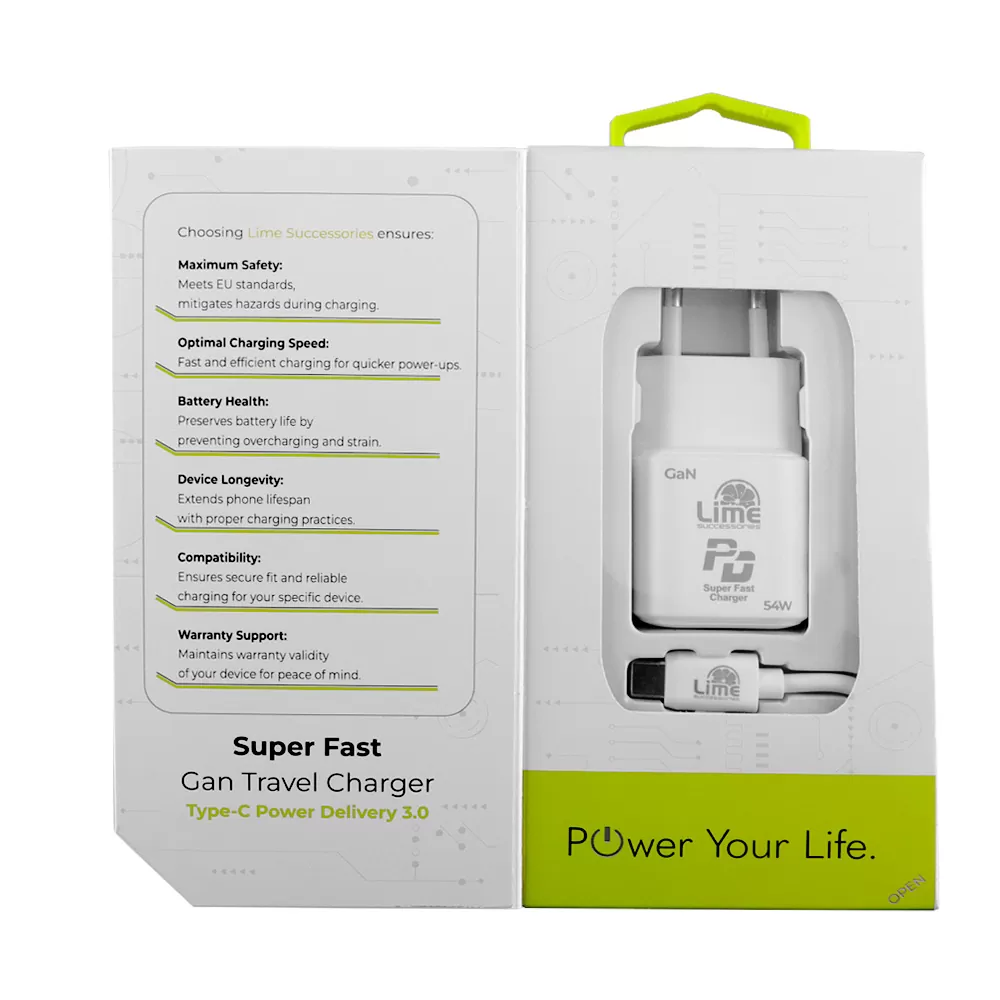 LIME TYPE C GAN PD 3.0 SUPER FAST TRAVEL LTC54W5V-9V 4.0A/12V 3.5A/20V 2.7A 54W +ΦΟΡΤΙΣΗΣ-DATA LCC04 TYPE C TO TYPE C 78W WHITE - Image 4