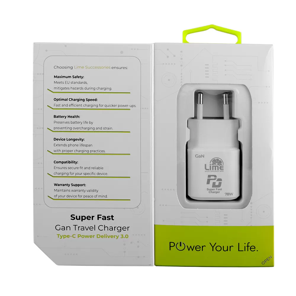 LIME TYPE C GAN PD 3.0 SUPER FAST TRAVEL LTC78W 5V 4.0A /9V 4A/ 12V 4.0A/ 15V 4.0A/ 20V 3.9A 78W WHITE - Image 4