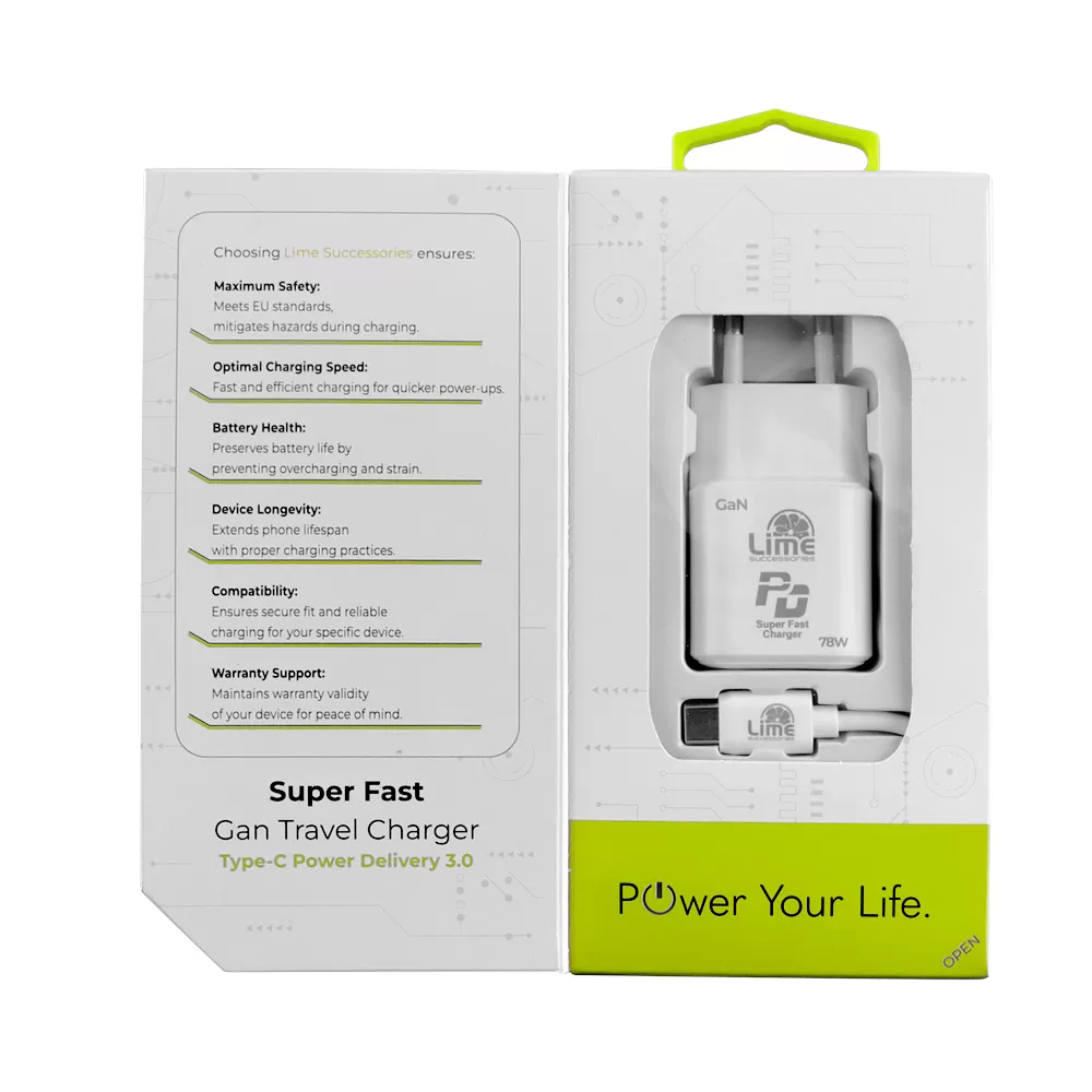 LIME TYPE C GAN PD 3.0 SUPER FAST TRAVEL LTC78W 5V-15V 4.0A/ 20V 3.9A 78W+ ΦΟΡΤΙΣΗΣ-DATA LCC04 TYPE C TO TYPE C 78W WHITE - Image 4