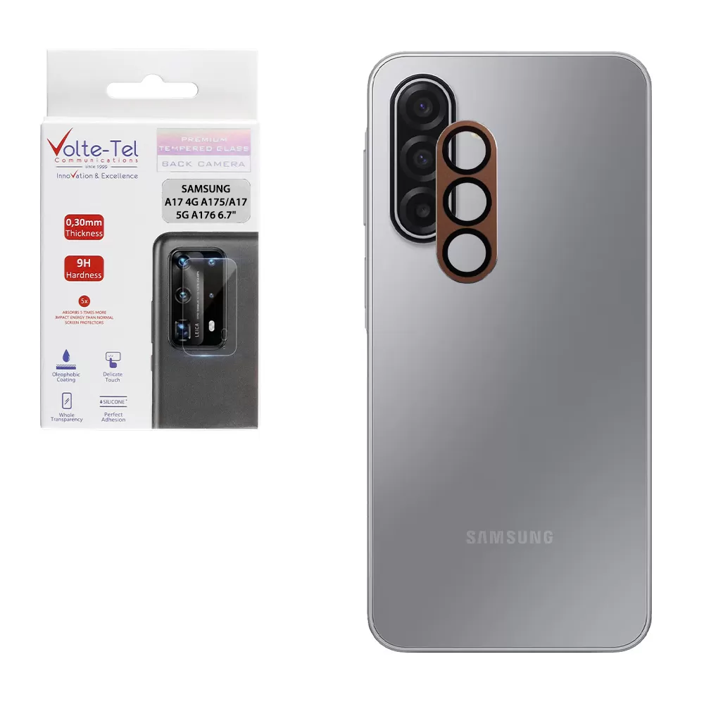 VOLTE-TEL CAMERA GLASS COVER SAMSUNG A17 4G A175/A17 5G Α176 6.7in 9H 0.30MM 3D AR ALUMINIUM-ELECTROPLATING FRAME GOLD