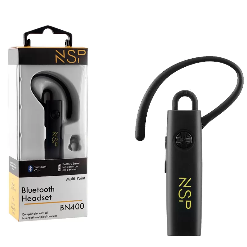 NSP BLUETOOTH HEADSET BN400 V5.0 IN EAR (2 ΣΥΣΚΕΥΩΝ) + HANGER CLIP FOR STRAP BLACK