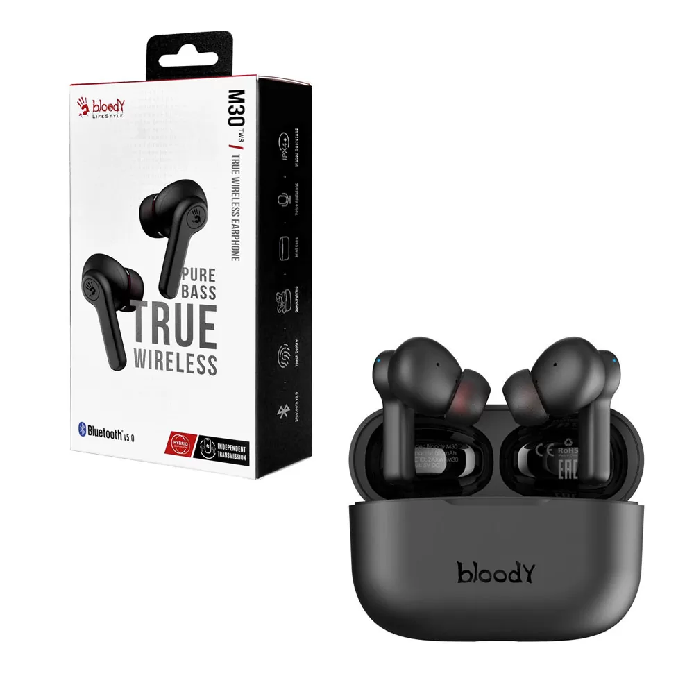BLOODY BLUETOOTH STEREO M30 TWS HEADSET V5.0 IPX4 ΑΔΙΑΒΡΟΧΑ ΜΕ ΘΗΚΗ ΦΟΡΤΙΣΗΣ - ΜΕΤΑΦΟΡΑΣ BLACK GR