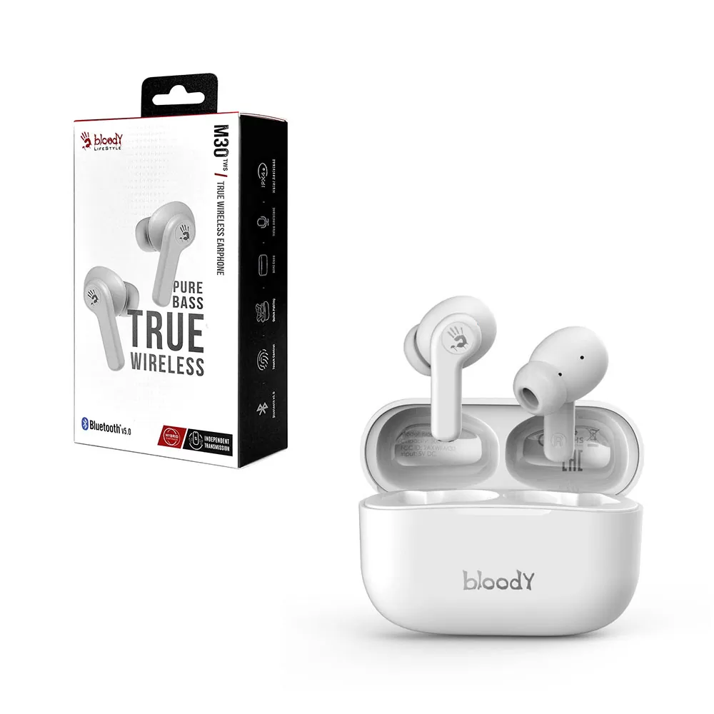 BLOODY BLUETOOTH STEREO M30 TWS HEADSET V5.0 IPX4 ΑΔΙΑΒΡΟΧΑ ΜΕ ΘΗΚΗ ΦΟΡΤΙΣΗΣ - ΜΕΤΑΦΟΡΑΣ WHITE GR