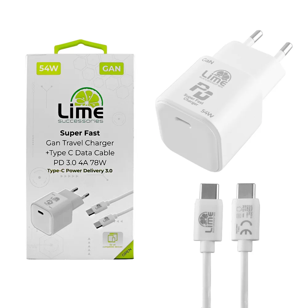 LIME TYPE C GAN PD 3.0 SUPER FAST TRAVEL LTC54W5V-9V 4.0A/12V 3.5A/20V 2.7A 54W +ΦΟΡΤΙΣΗΣ-DATA LCC04 TYPE C TO TYPE C 78W WHITE