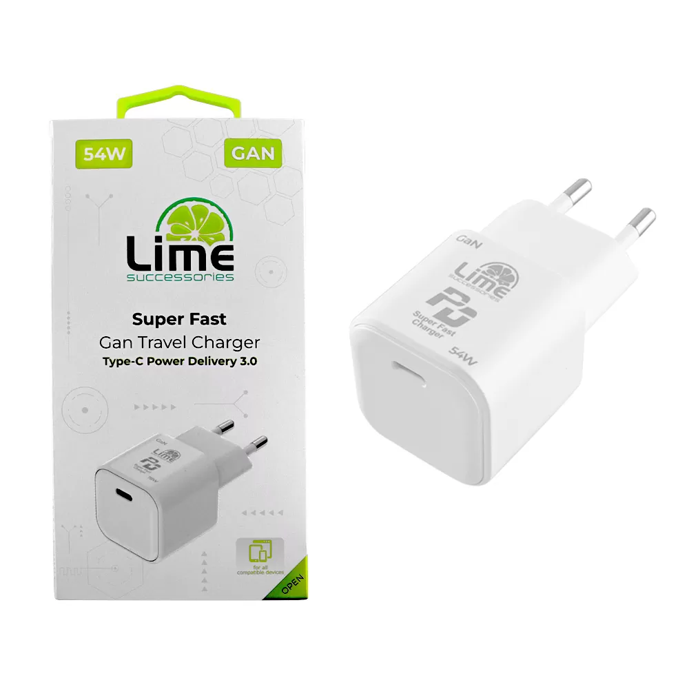 LIME TYPE C GAN PD 3.0 SUPER FAST TRAVEL LTC54W 5V 4.0A/9V 4.0A/ 12V 3.5A/ 15V 3.33A/ 20V 2.7A 54W WHITE