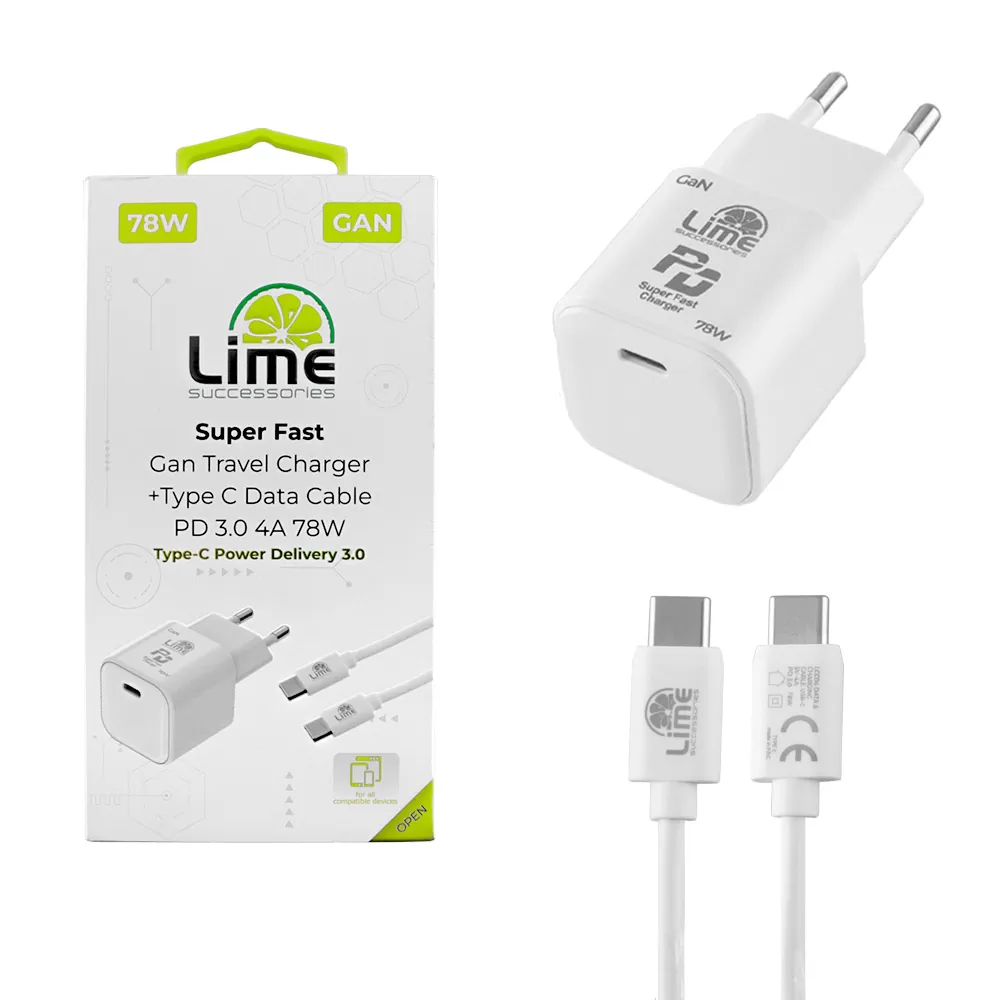 LIME TYPE C GAN PD 3.0 SUPER FAST TRAVEL LTC78W 5V-15V 4.0A/ 20V 3.9A 78W+ ΦΟΡΤΙΣΗΣ-DATA LCC04 TYPE C TO TYPE C 78W WHITE