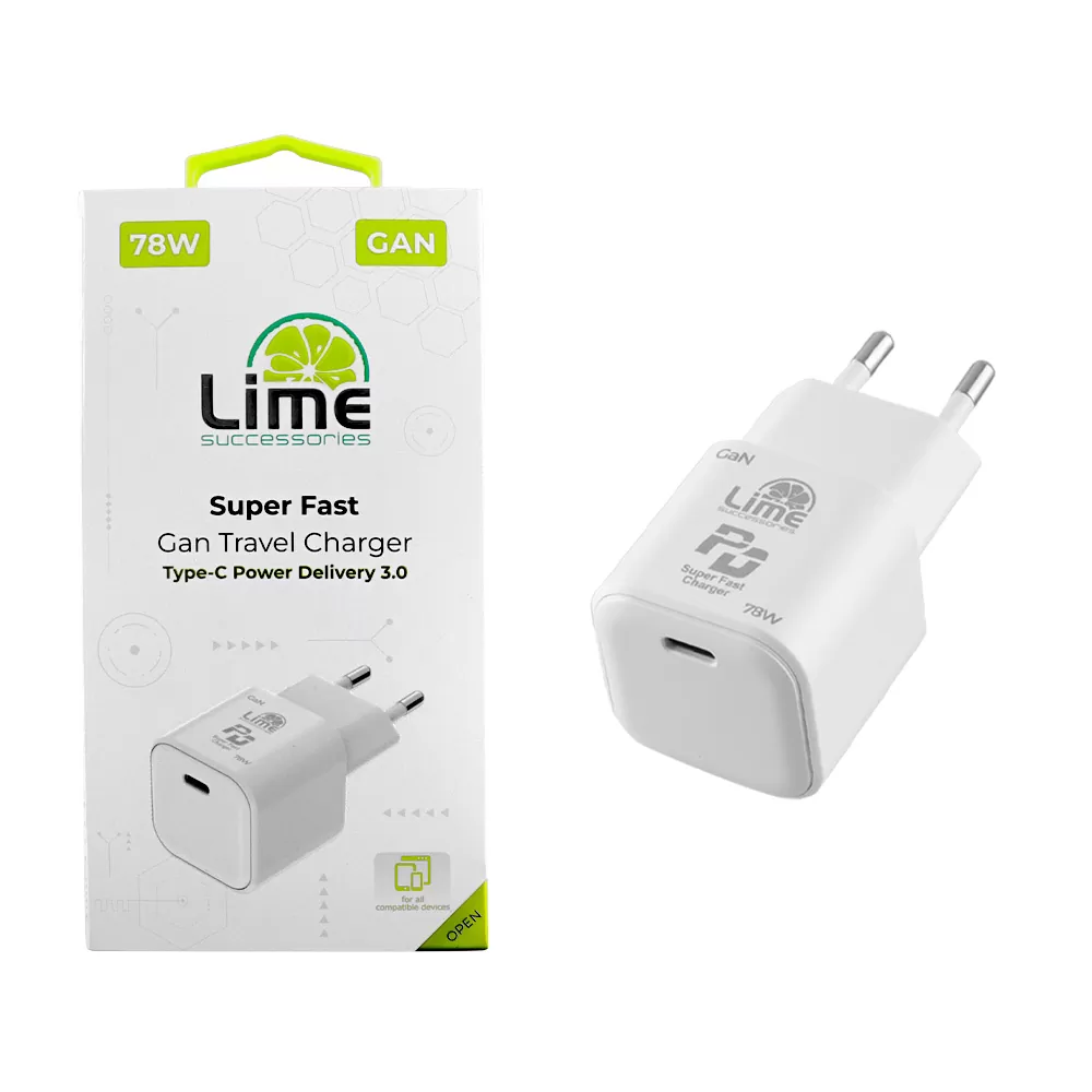 LIME TYPE C GAN PD 3.0 SUPER FAST TRAVEL LTC78W 5V 4.0A /9V 4A/ 12V 4.0A/ 15V 4.0A/ 20V 3.9A 78W WHITE