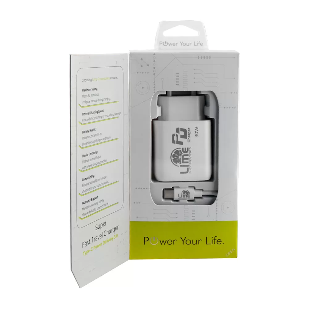 LIME TYPE C PD 3.0 SUPER FAST TRAVEL LTC30W 4.0A 30W+ ΦΟΡΤΙΣΗΣ-DATA LCC03 TYPE C TO TYPE C 40W WHITE - Image 4