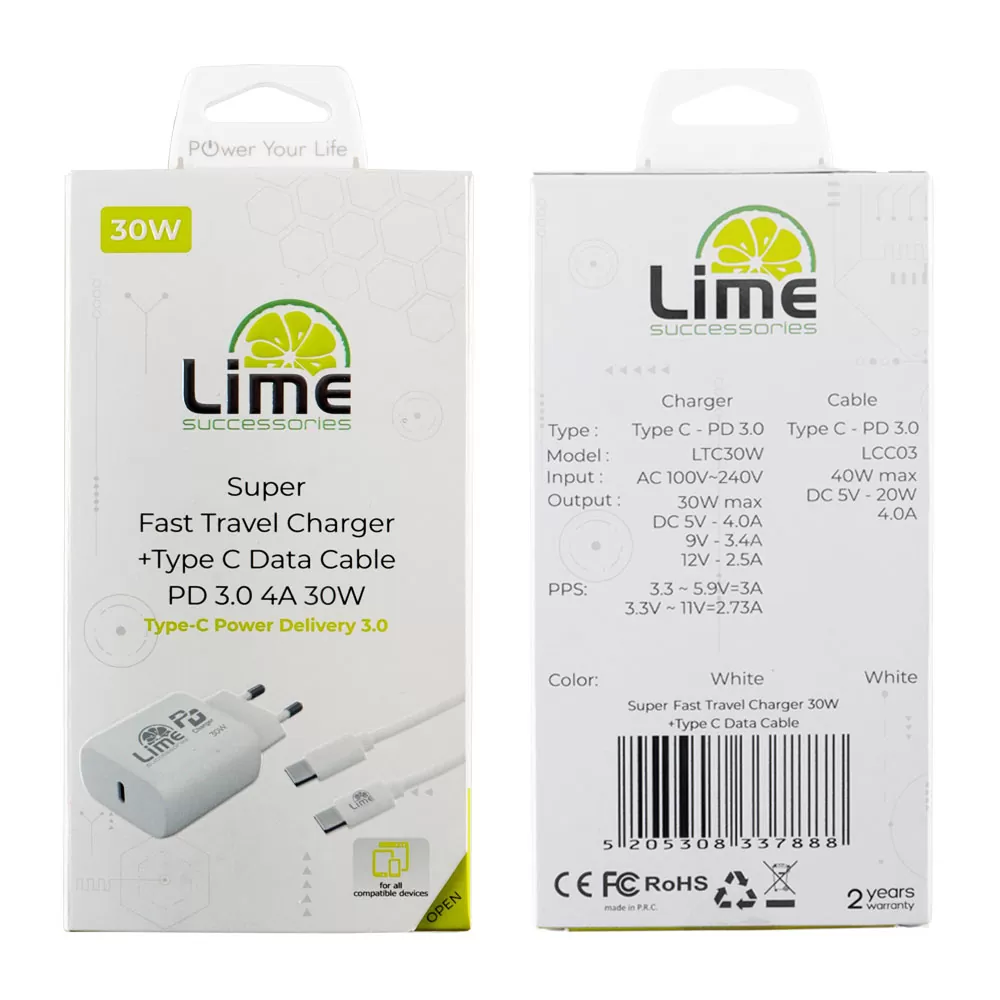 LIME TYPE C PD 3.0 SUPER FAST TRAVEL LTC30W 4.0A 30W+ ΦΟΡΤΙΣΗΣ-DATA LCC03 TYPE C TO TYPE C 40W WHITE - Image 2