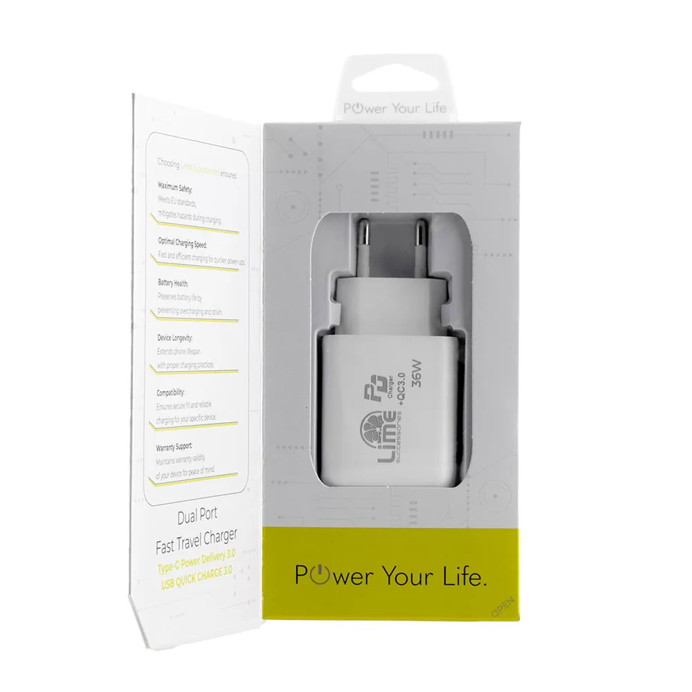 LIME TYPE C PD 3.0 DUAL SUPER FAST TRAVEL LTC36W 4.0A 36W - USB QC 3.0 21W max 36W WHITE - Image 4