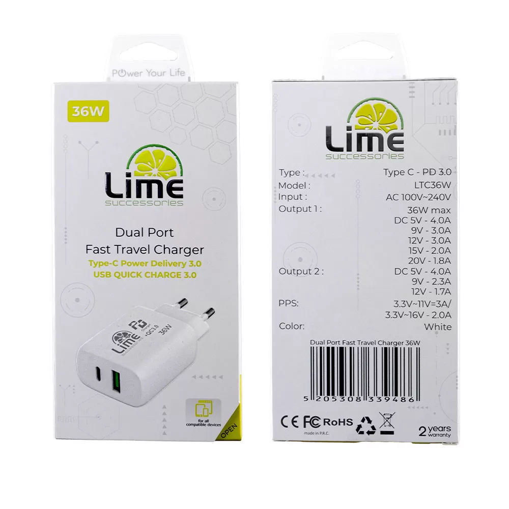 LIME TYPE C PD 3.0 DUAL SUPER FAST TRAVEL LTC36W 4.0A 36W - USB QC 3.0 21W max 36W WHITE - Image 2