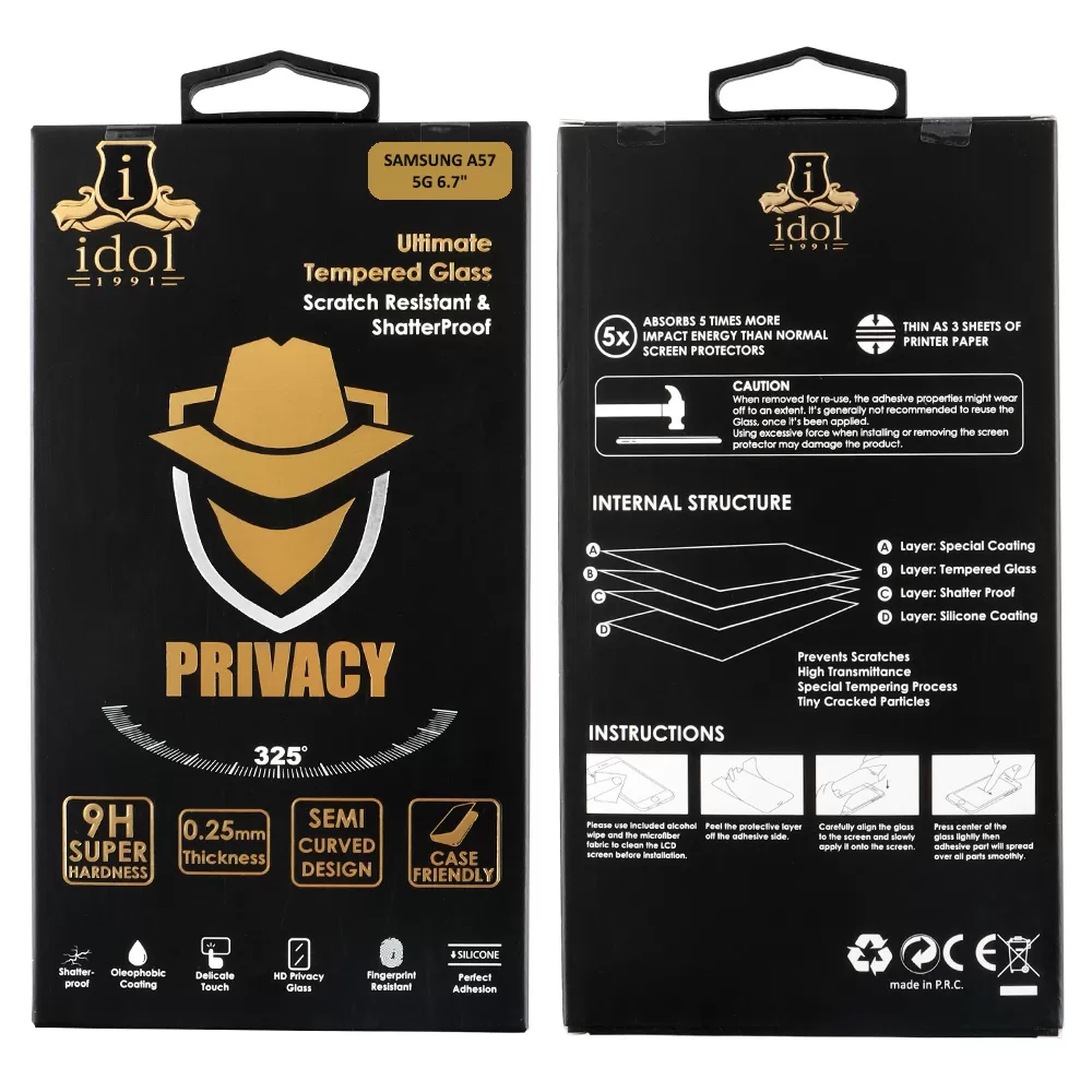 IDOL 1991 PRIVACY ANTISPY TEMPERED GLASS SAMSUNG A57 5G 6.7in 9H 0.25mm SEMI CURVED FULL GLUE BLACK - Image 2