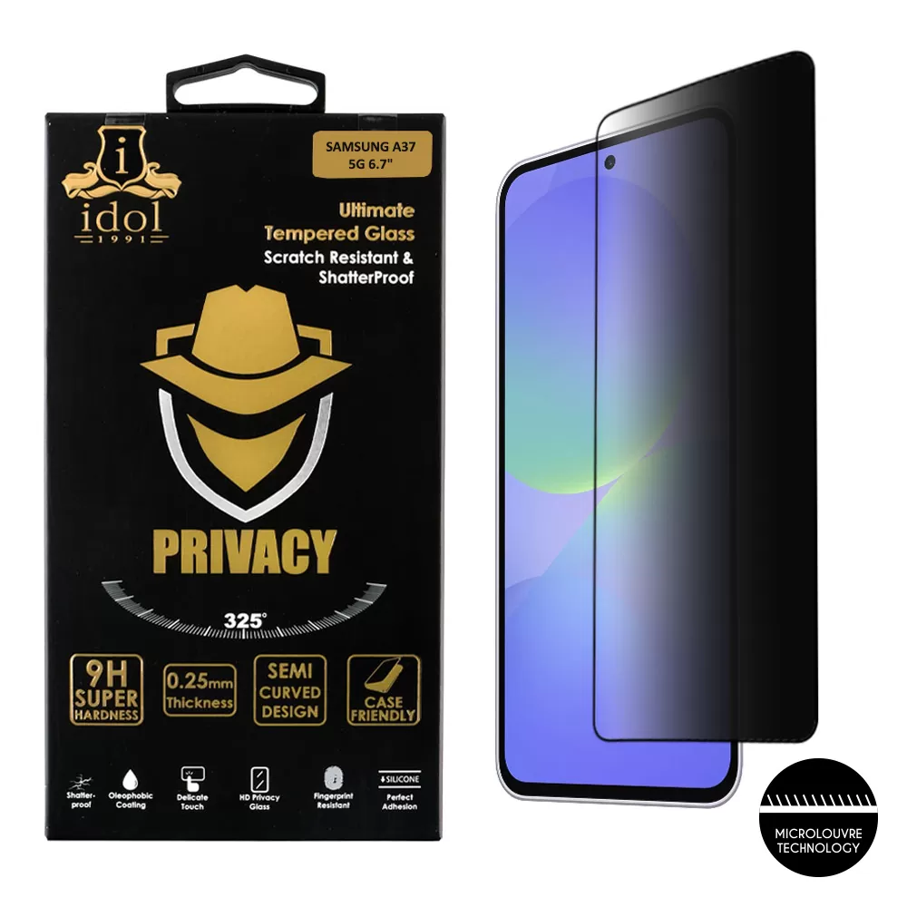 IDOL 1991 PRIVACY ANTISPY TEMPERED GLASS SAMSUNG A37 5G 6.7in 9H 0.25mm SEMI CURVED FULL GLUE BLACK