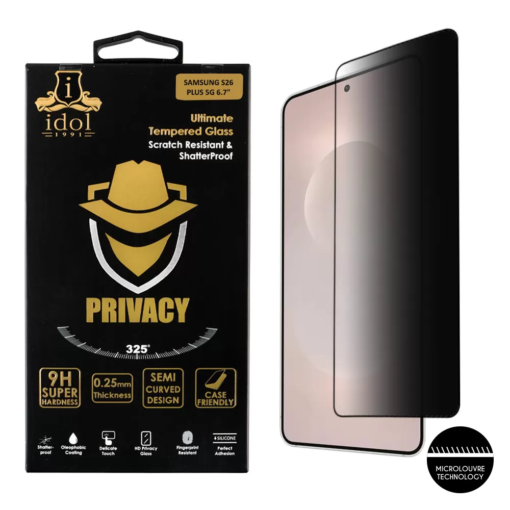IDOL 1991 PRIVACY ANTISPY TEMPERED GLASS SAMSUNG S26 PLUS 5G 6.7in 9H 0.25mm 3D SEMI CURVED EDGE GLUE FINGER UNLOCK BLACK
