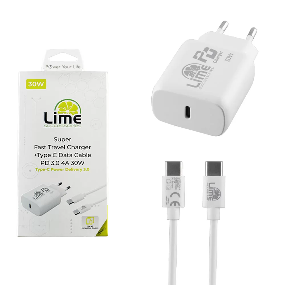 LIME TYPE C PD 3.0 SUPER FAST TRAVEL LTC30W 4.0A 30W+ ΦΟΡΤΙΣΗΣ-DATA LCC03 TYPE C TO TYPE C 40W WHITE