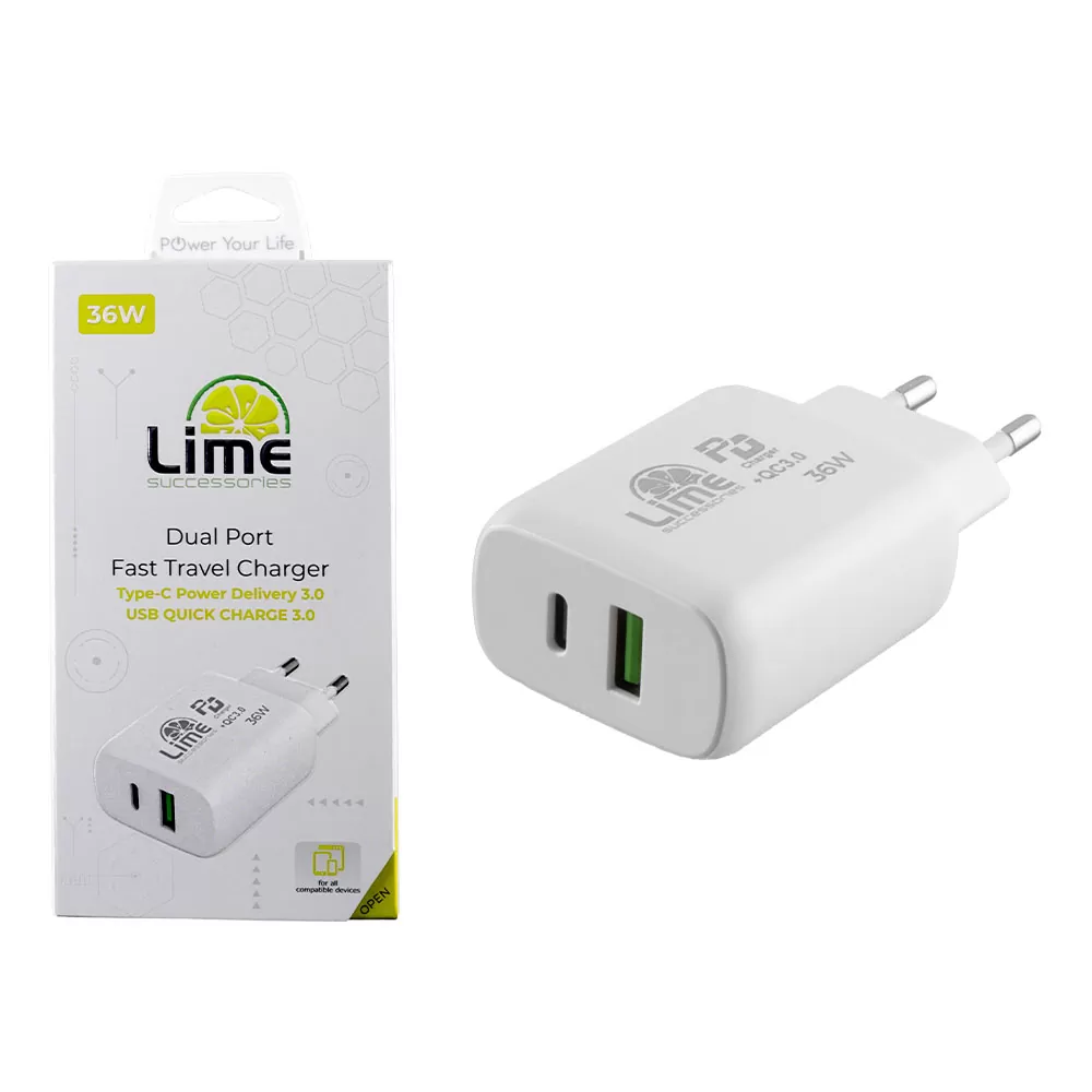 LIME TYPE C PD 3.0 DUAL SUPER FAST TRAVEL LTC36W 4.0A 36W - USB QC 3.0 21W max 36W WHITE