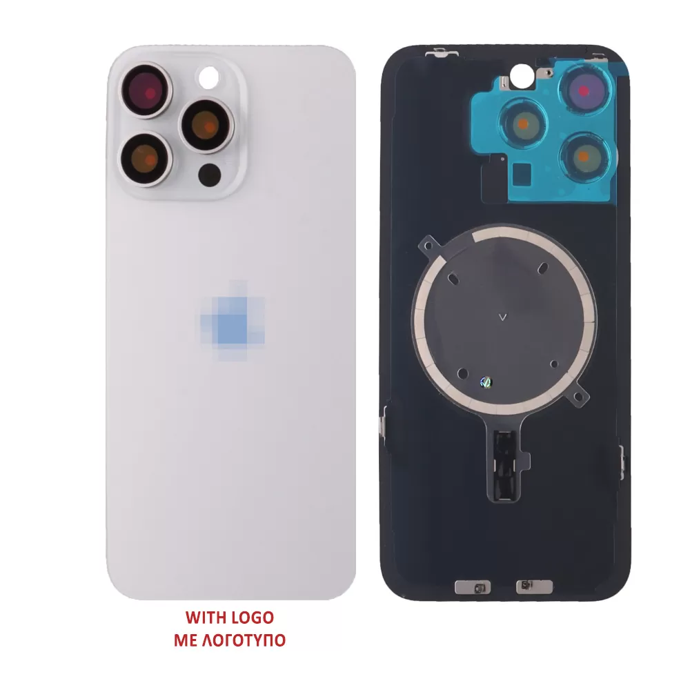 FOR IPHONE 15 PRO MAX BATTERY COVER + CAMERA LENS + METAL PLATE + MAGSAFE TITANIUM WHITE