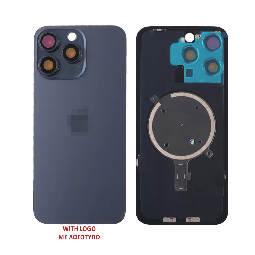 FOR IPHONE 15 PRO MAX BATTERY COVER + CAMERA LENS + METAL PLATE + MAGSAFE TITANIUM BLUE