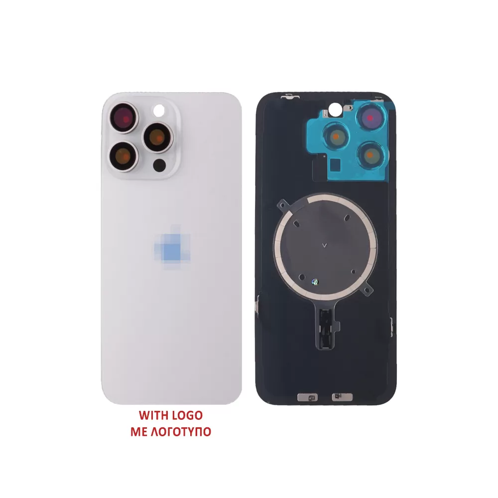 FOR IPHONE 15 PRO BATTERY COVER + CAMERA LENS + METAL PLATE + MAGSAFE TITANIUM WHITE