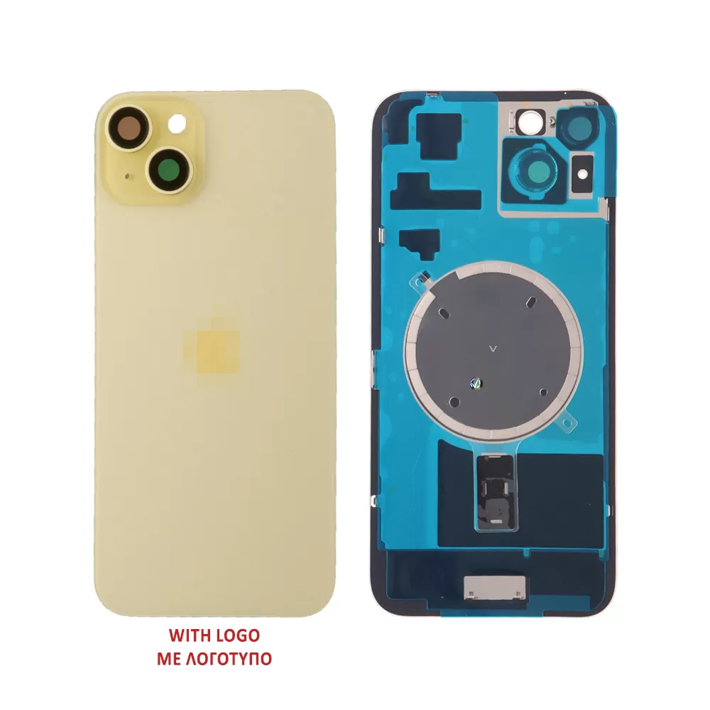 FOR IPHONE 15 BATTERY COVER + CAMERA LENS + METAL PLATE + MAGSAFE YELLOW