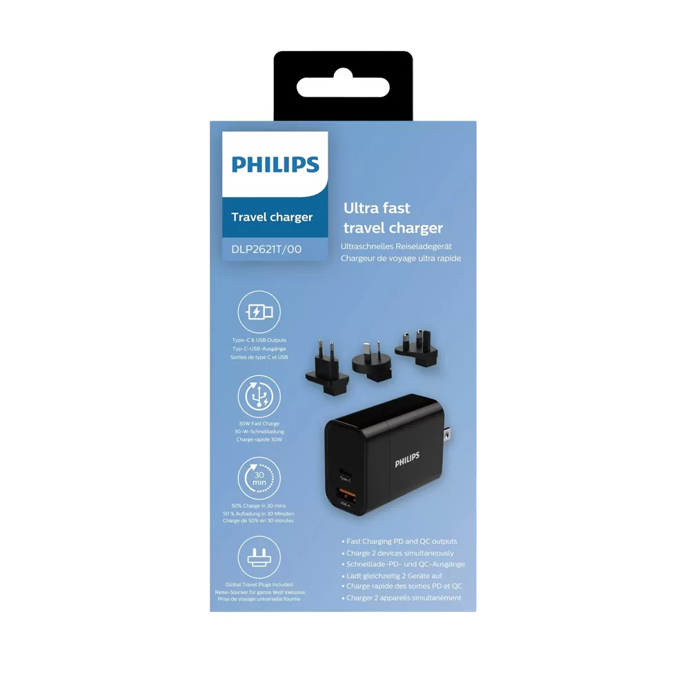 TRAVEL PHILIPS DLP2621T DUAL USB C + USB A 30W ΜΕ ΑΝΤΑΠΤΟΡΕΣ ΓΙΑ EU,UK,USA,HB BLACK PACKING OR - Image 2