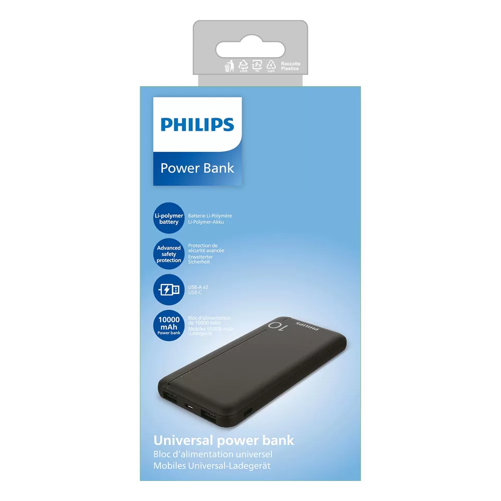 PHILIPS POWER POWER BANK DLP1810CB 10000mAh OUTPUT USB-C 5V-3A/USB-A 5V-2.1A ΜΕ ΕΝΣΩΜΑΤΩΜΕΝΑ ΚΑΛΩΔΙΑ USB-C,USB-A BLACK - Image 2