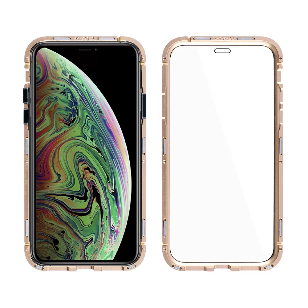 IDOL 1991 MAGNETIC METAL FRAME ΘΗΚΗ IPHONE XS MAX 6.5in GOLD+TEMPERED GLASS BACK-FRONT - Image 4