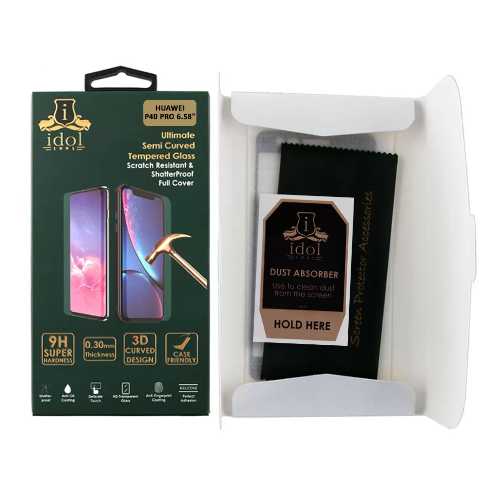IDOL 1991 GLAMOUR TEMPERED GLASS HUAWEI P40 PRO 6.58in 9H 0.30mm FULL COVER 3D EDGE GLUE FINGER UNLOCK BLACK - Image 4