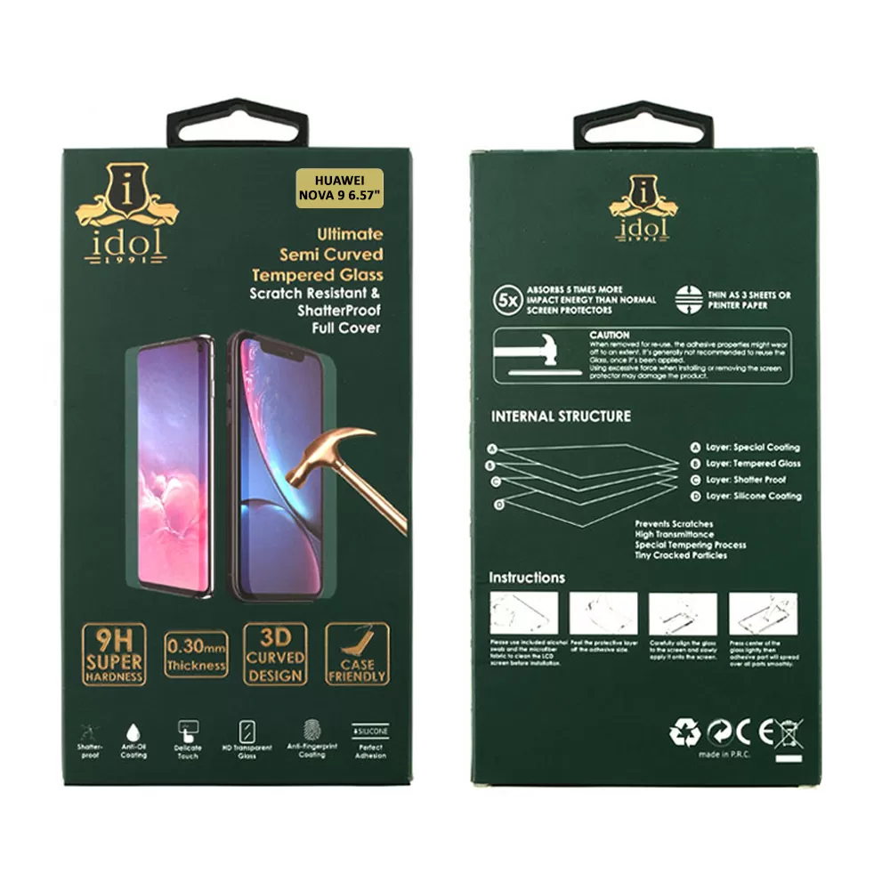 IDOL 1991 GLAMOUR TEMPERED GLASS HUAWEI NOVA 9 6.57in 9H 0.30mm FULL COVER 3D EDGE GLUE SEMI CURVED FINGER UNLOCK BLACK - Image 2