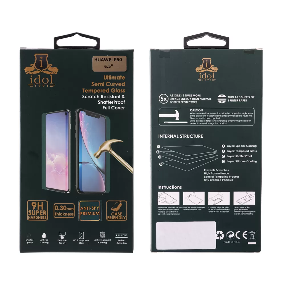 IDOL 1991 TEMPERED GLASS HUAWEI P50 6.5in 9H 0.25mm 20D FULL GLUE SEMI CURVED FINGER UNLOCK BLACK - Image 3