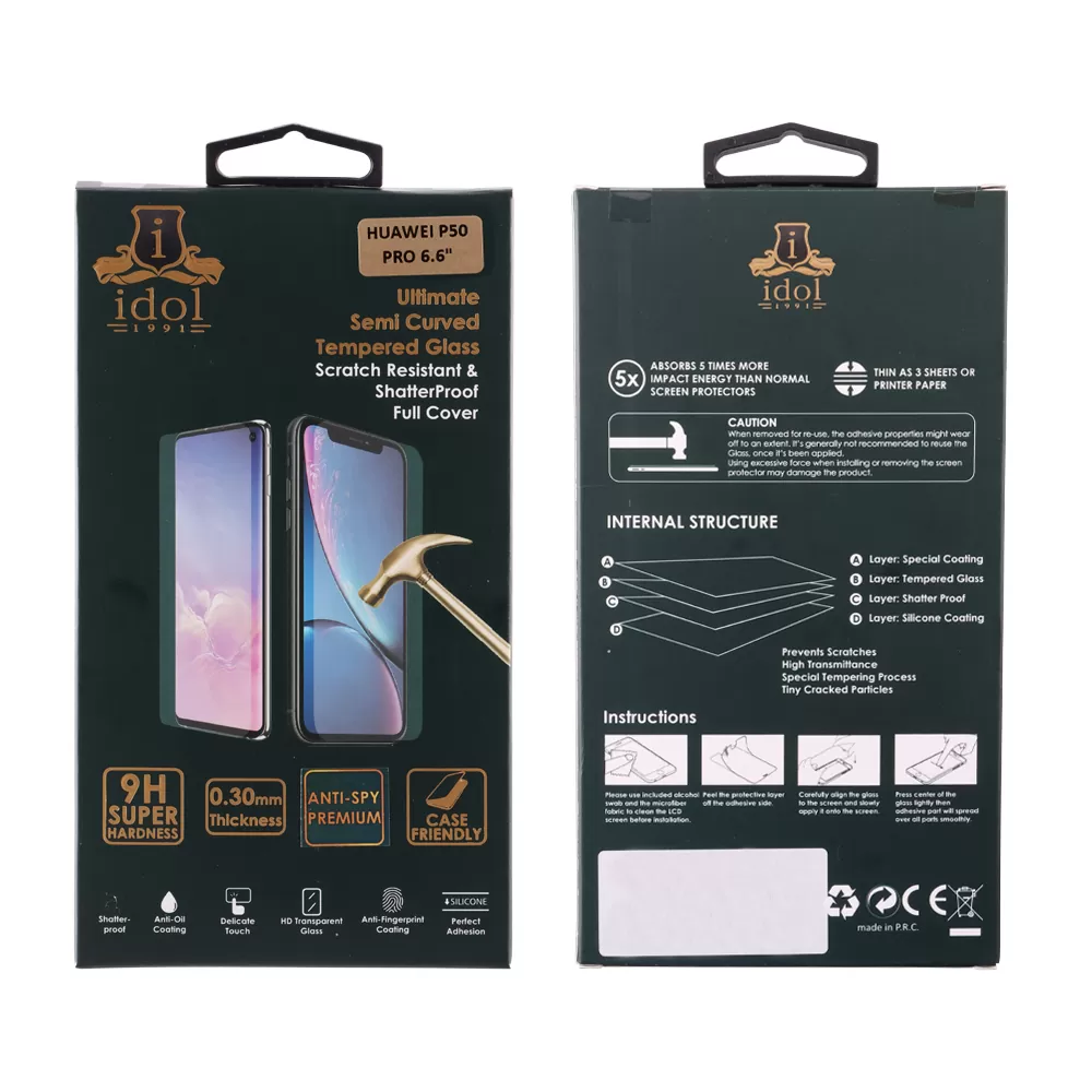 IDOL 1991 GLAMOUR TEMPERED GLASS HUAWEI P50 PRO 6.6in9H 0.30mm FULL COVER 3D FULL GLUE SEMI CURVED FINGERUNLOCK BLACK+SQUEEZYCAR - Image 3
