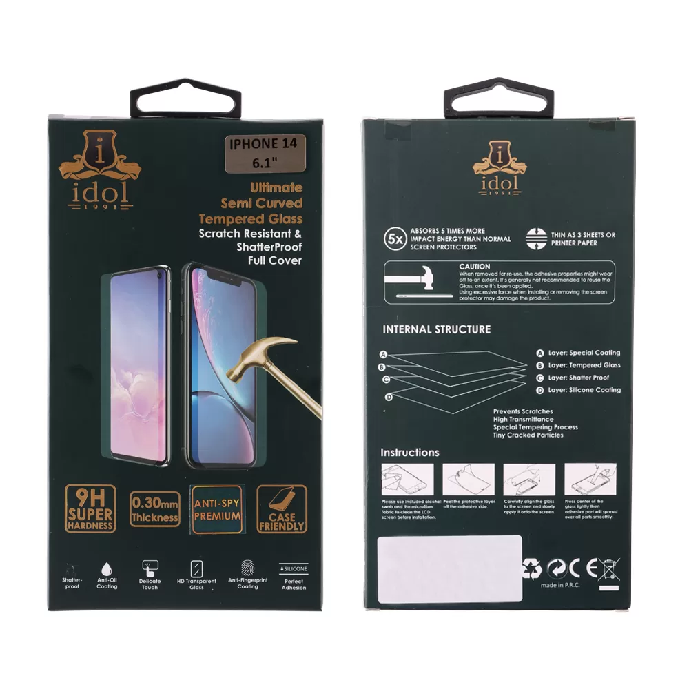 IDOL 1991 SPECIAL TEMPERED GLASS IPHONE 14 6.1in 9H 0.25mm  FULL GLUE SEMI CURVED FULL COVER BLACK - Image 3