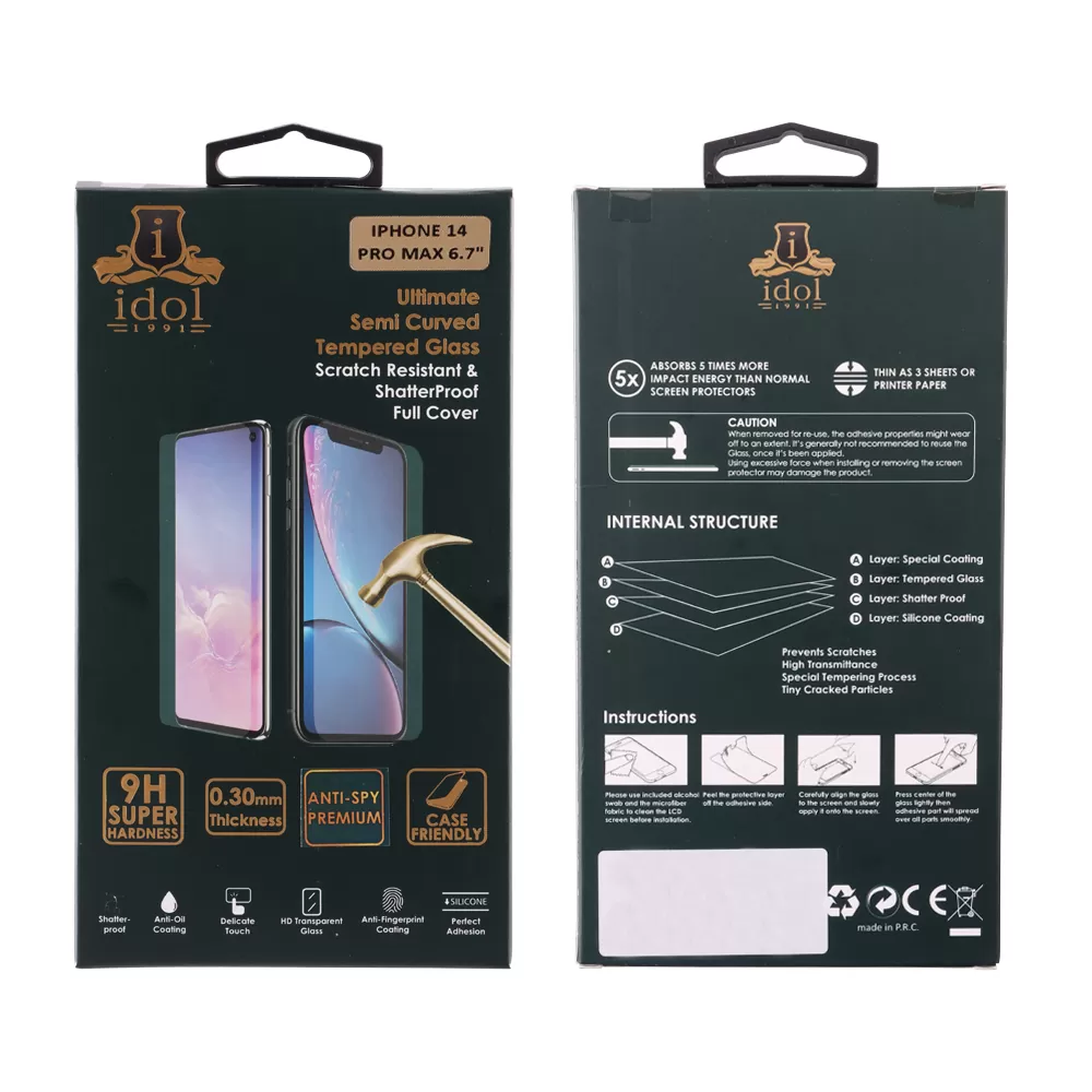 IDOL 1991 SPECIAL TEMPERED GLASS IPHONE 14 PRO MAX 6.7in 9H 0.25mm  FULL GLUE SEMI CURVED FULL COVER BLACK - Image 3