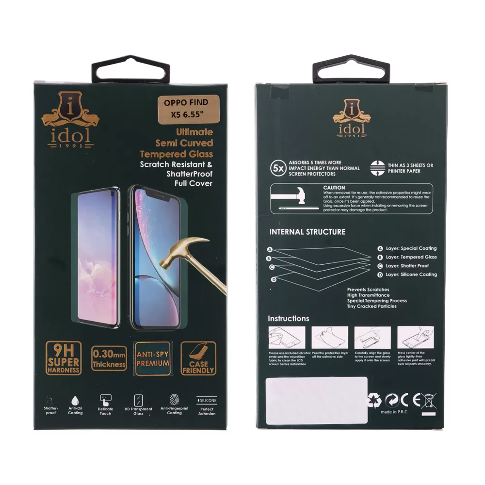 IDOL 1991 TEMPERED GLASS OPPO FIND X5 6.55in 9H 0.25mm 3D FULL GLUE SEMI CURVED FINGER UNLOCK BLACK + SQUEEZY CARD - Image 3