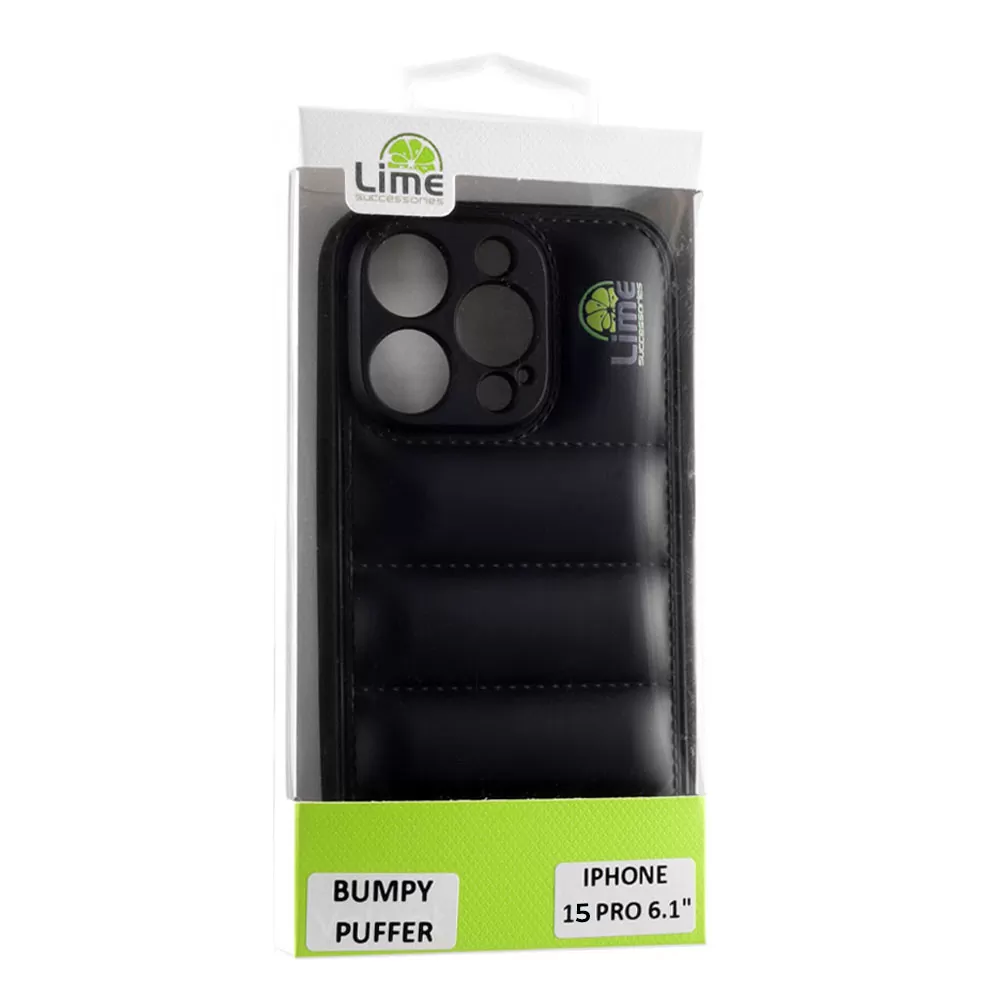 LIME BUMPY PUFFER ΘΗΚΗ IPHONE 15 PRO 6.1in  TPU FULL CAMERA PROTECTION BLACK - Image 2